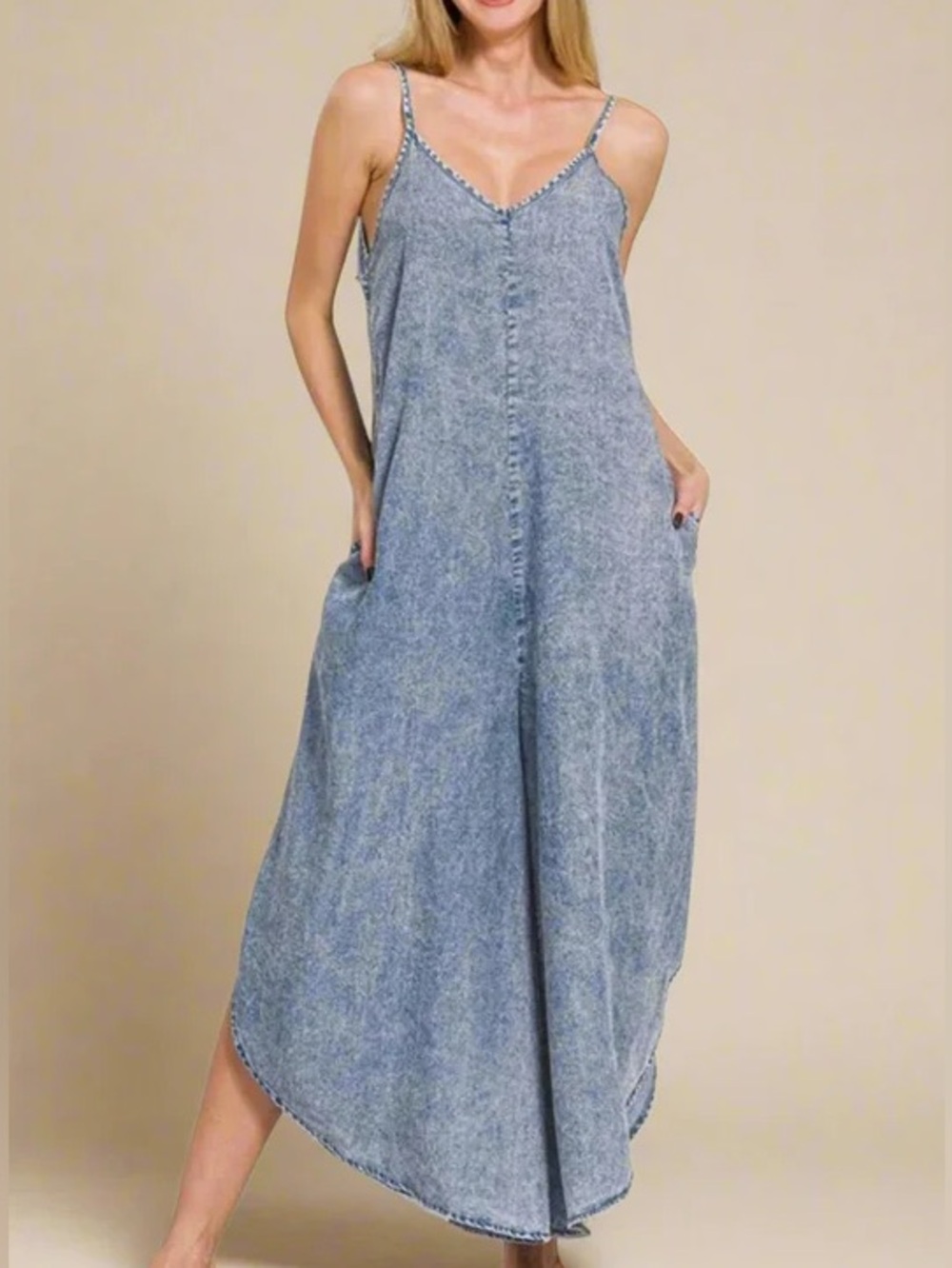 NEW🖤Zenana Lyocell Acid-Washed Jumpsuit Small Blue